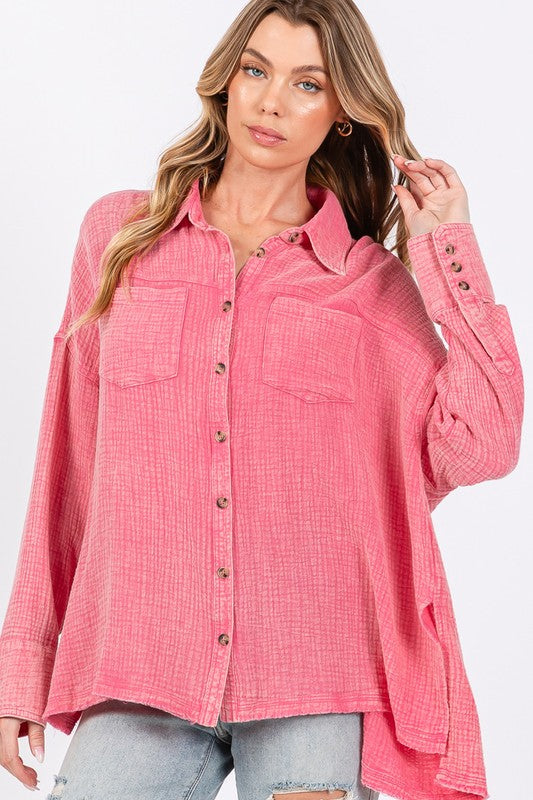 SAGE + FIG Frayed Hem Side Slit Button Down Pockets Oversized Shirt | Pink