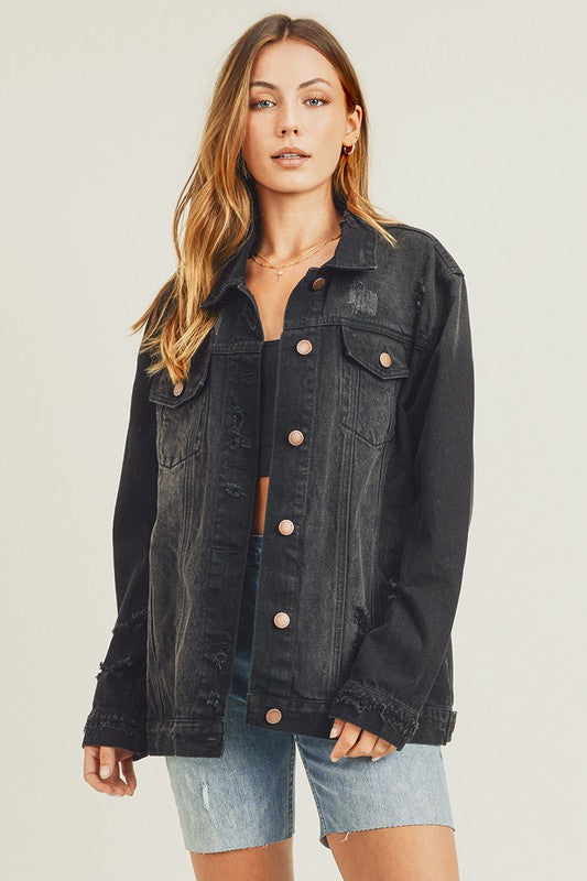 RISEN Distressed Long Sleeves 90's Vintage Pocket Oversized Denim Jacket | Black