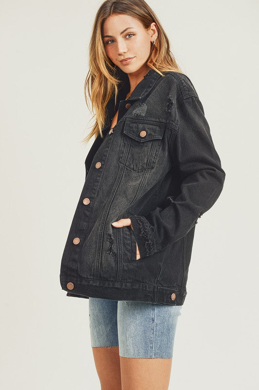 RISEN Distressed Long Sleeves 90's Vintage Pocket Oversized Denim Jacket | Black