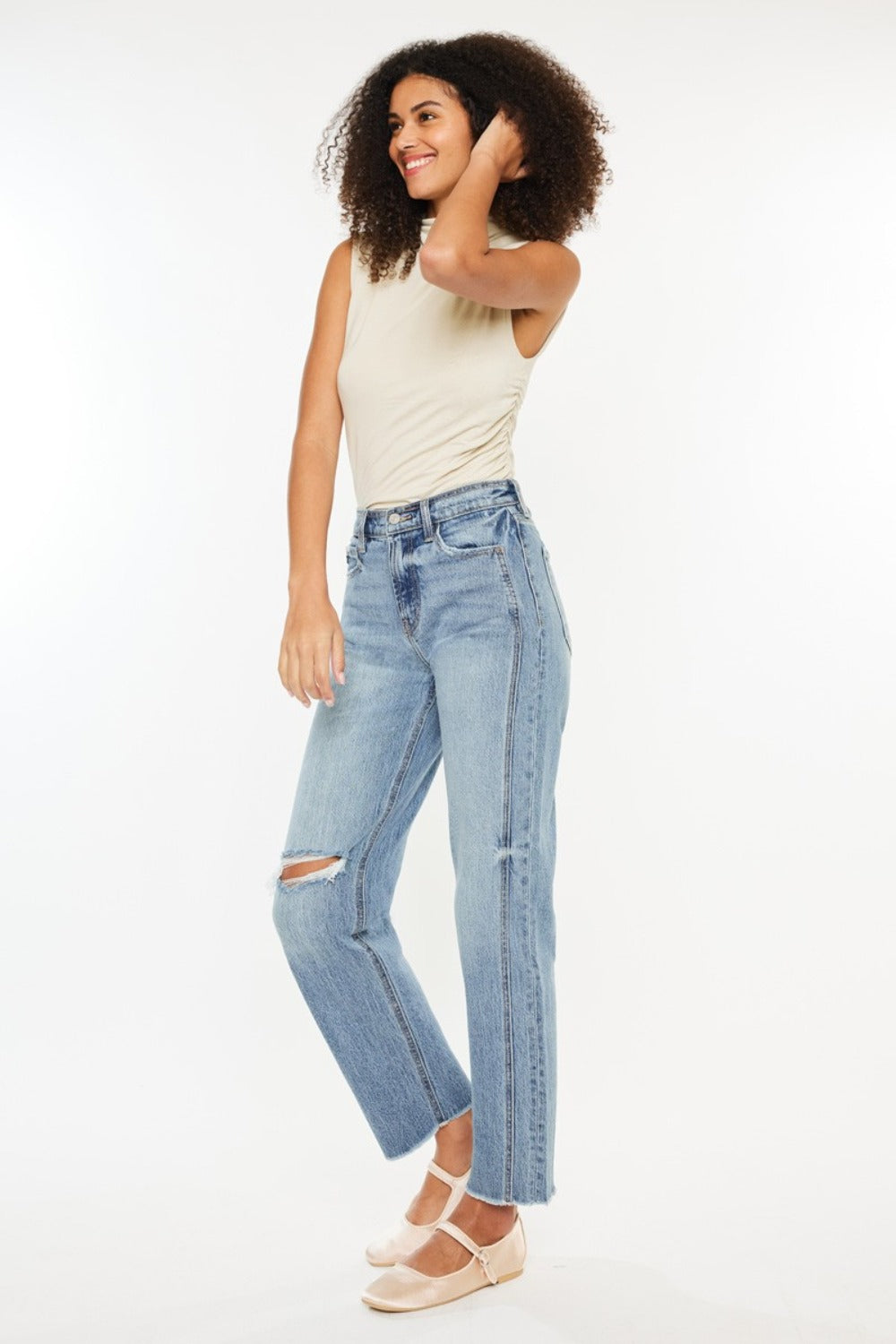 KanCan Ultra High Rise Distressed Knee Raw Hem Medium Wash Straight Denim Jeans