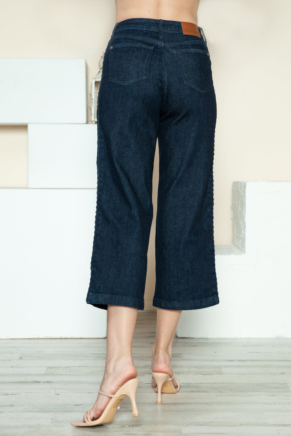 Judy Blue Side Seam Braid Detail Zip Fly Dark Wash Cropped Wide Leg Denim Jeans