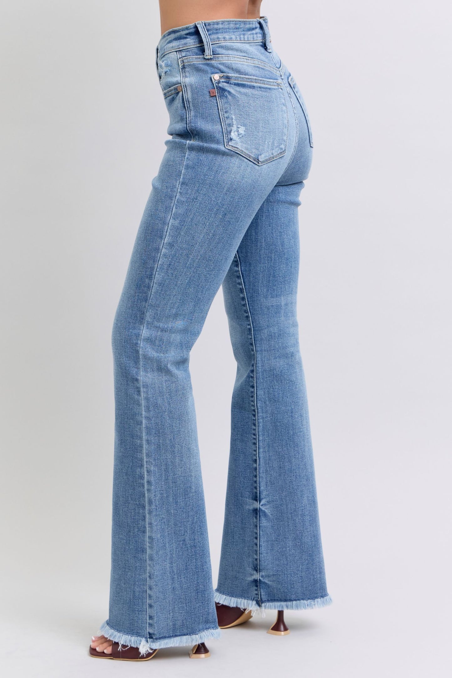 Judy Blue Raw Hem Detail High Rise Zipper Fly Medium Washed Bootcut Denim Jeans