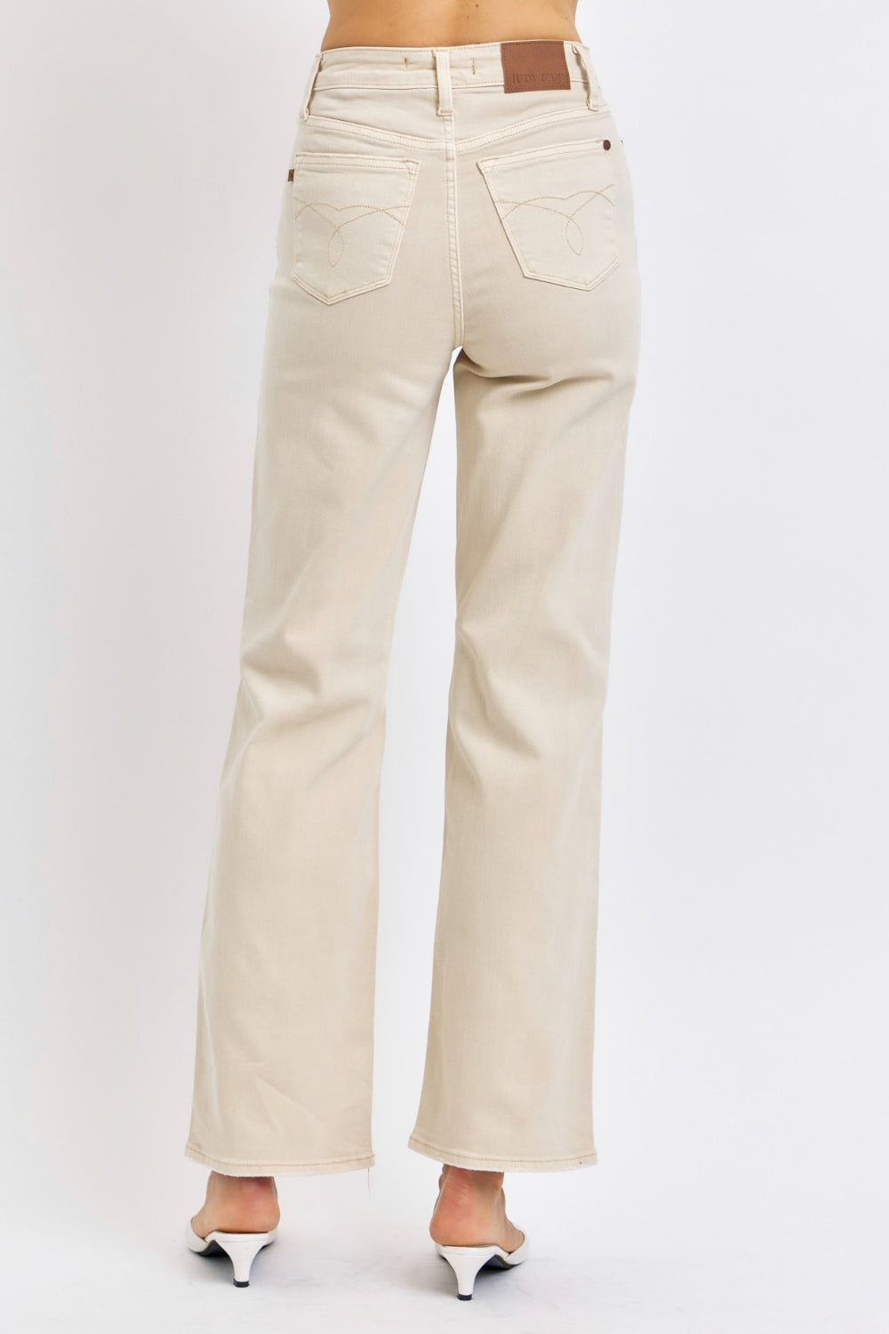 Judy Blue High Rise Waist Distressed Knee Zip Fly Wide Leg Denim Jeans | Bone
