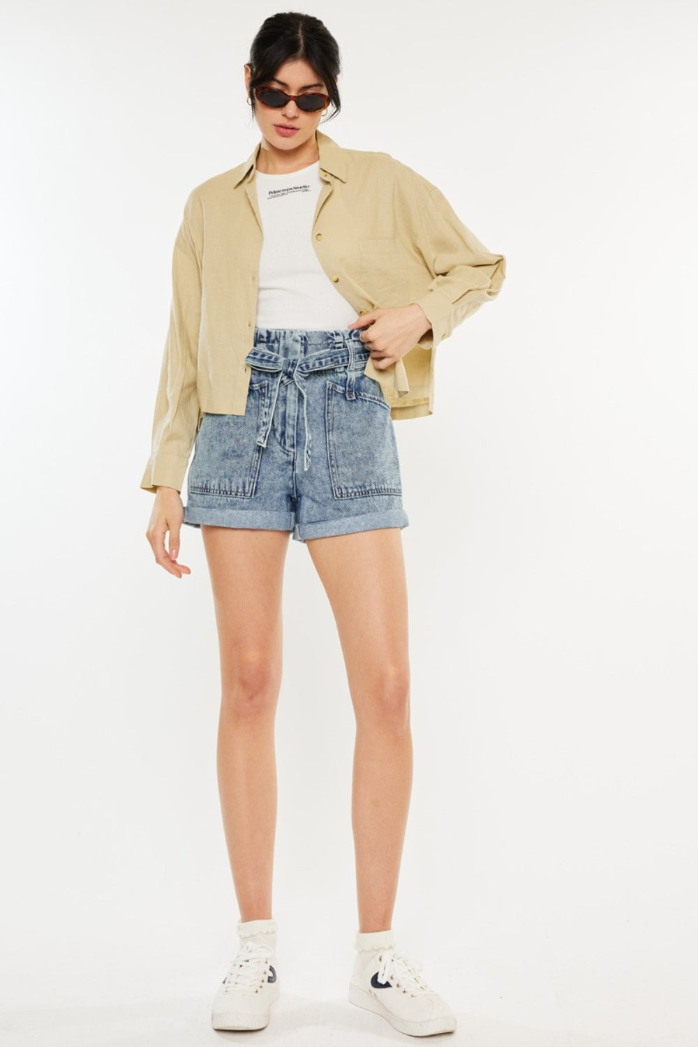 KanCan Ultra High Rise Paperbag Medium Washed Denim Shorts