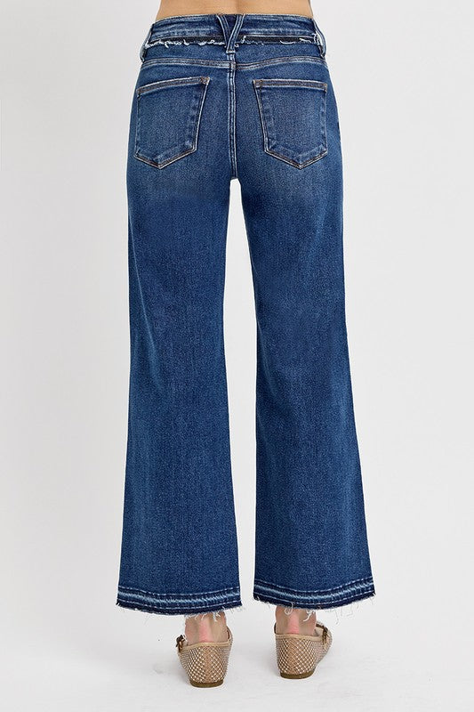 RISEN Tummy Control Raw Hem Zipper Fly Dark Washed Ankle Bootcut Denim Jeans