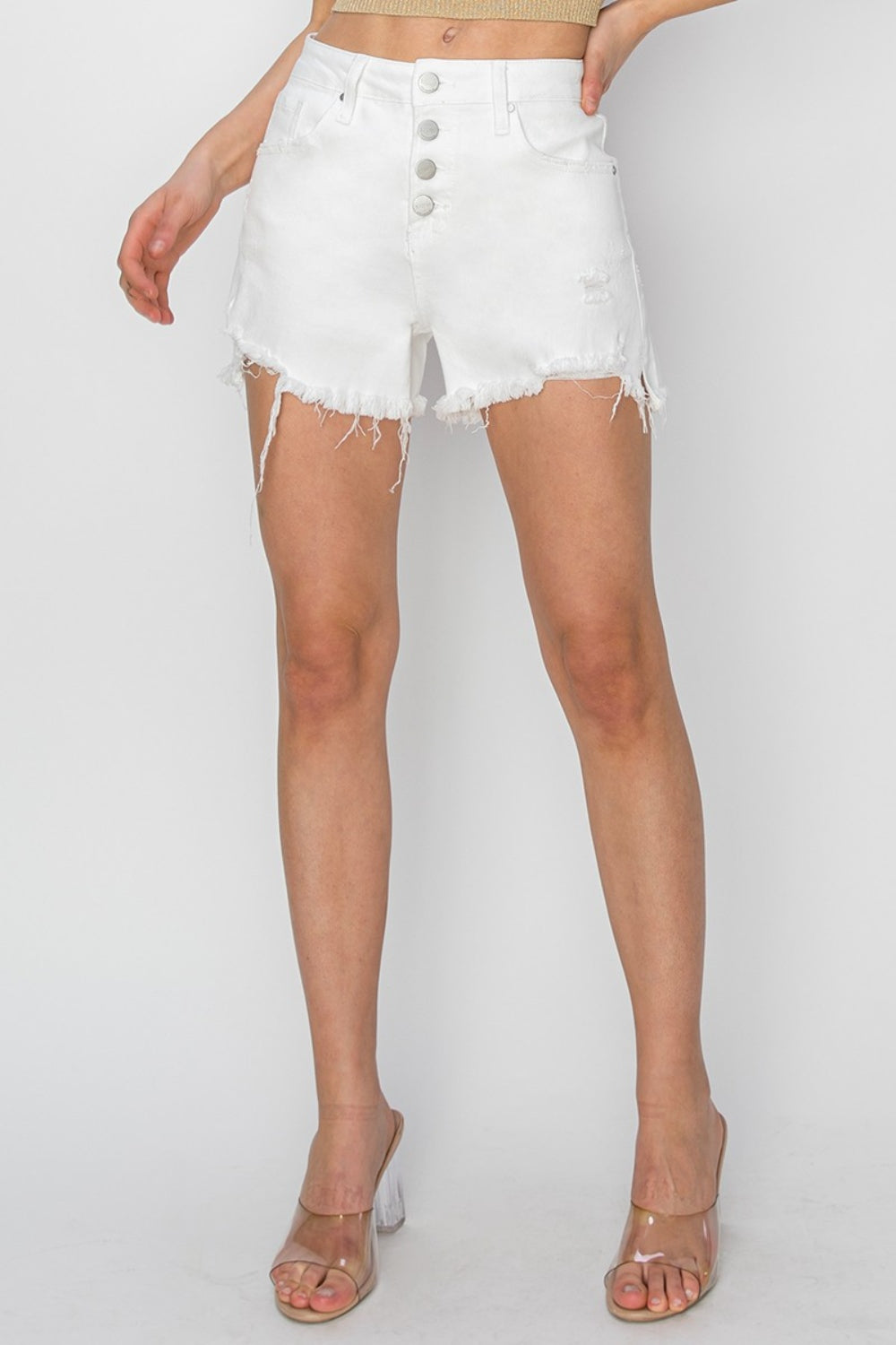 RISEN High Rise Button Fly Frayed Hem Distressed White Denim Shorts