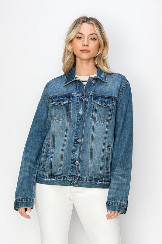 RISEN Distressed Button Up Chest Pockets Dark Wash Relaxed Fit Vintage Jacket