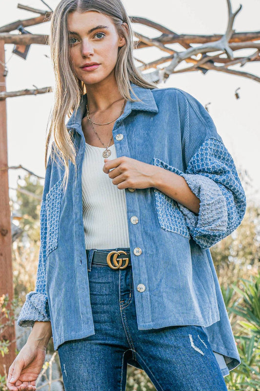 And The Why Button Down Corduroy Contrast Texture Long Sleeves Shacket