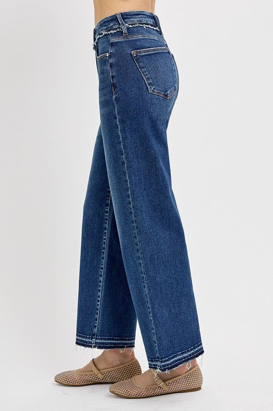 RISEN Tummy Control Raw Hem Zipper Fly Dark Washed Ankle Bootcut Denim Jeans