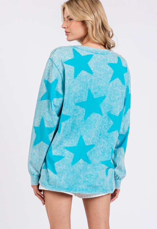 SAGE + FIG Mineral Wash Star Graphic Print Long Sleeves T-Shirt | Aqua Blue
