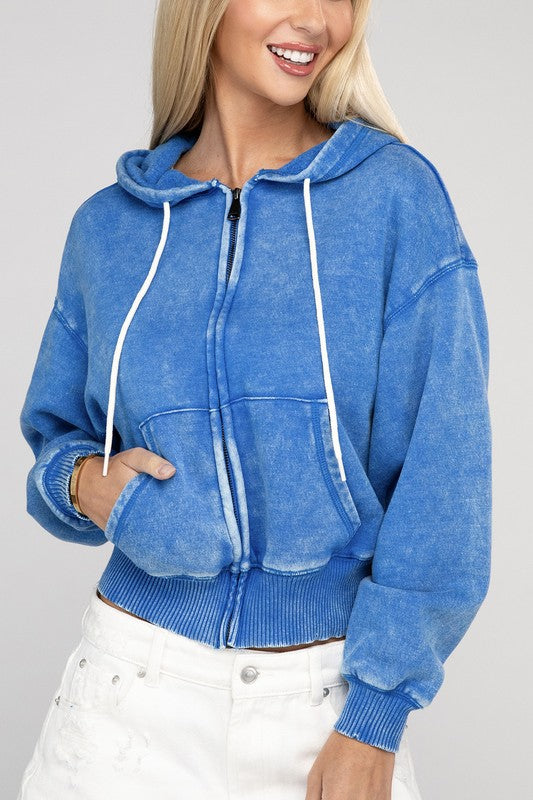 ZENANA Acid Wash Fleece Cropped Zip-Up Hoodie Sweatshirt