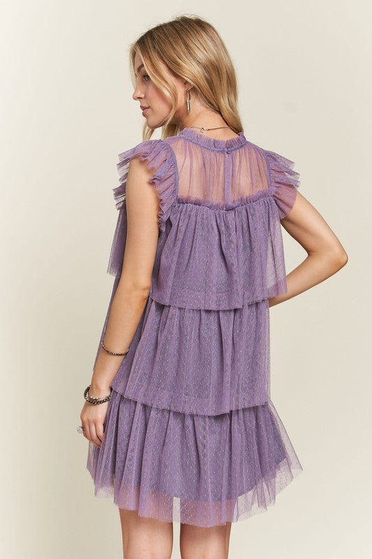 ADORA Layered Ruffled Detail Cap Sleeves Swiss Dot Print Lace Mini Dress | Mauve