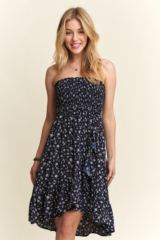 ADORA Smocked Floral Pattern Side Pockets High-Low Hem Tube Midi Dress | Navy