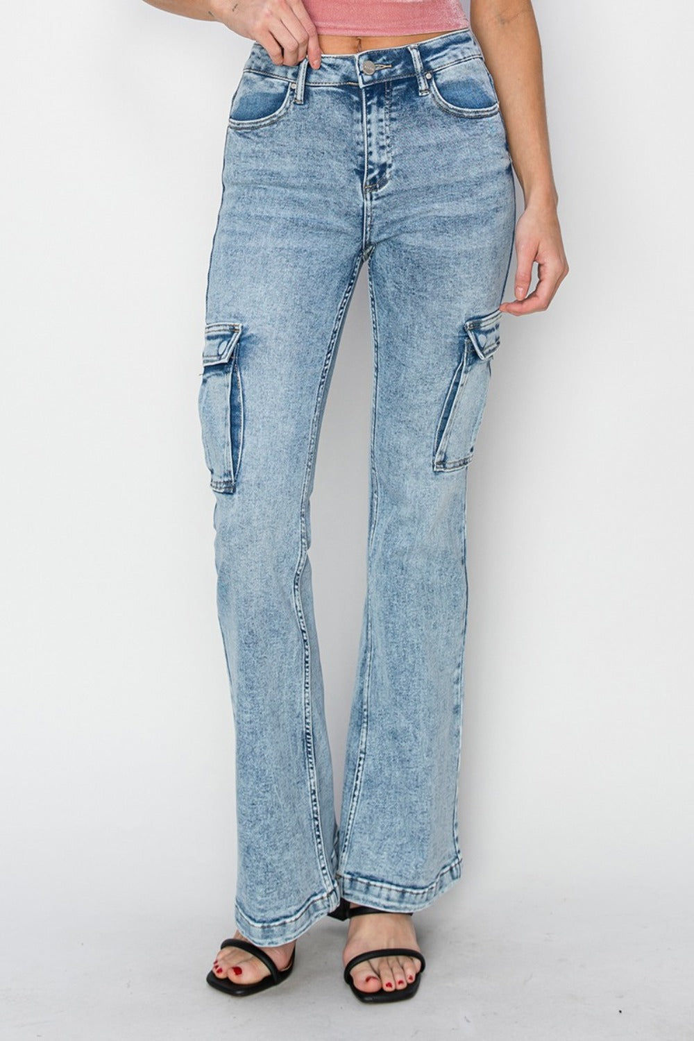 RISEN High Rise Cargo Pockets Zipper Fly Acid Medium Flare Denim Jeans