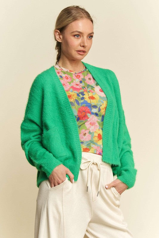 Davi & Dani Long Sleeves Open Front Drop Shoulder Front Pockets Cardigan | Green
