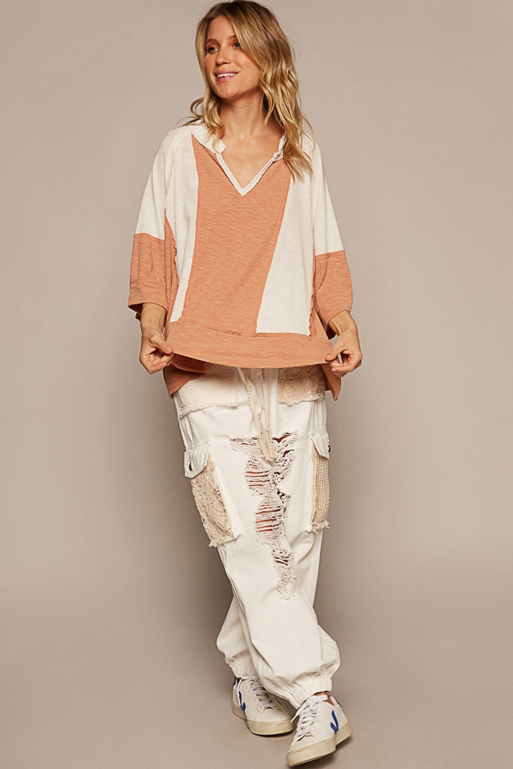 POL Notched Neck Frayed Edge Contrast Oversize Short Sleeves Top