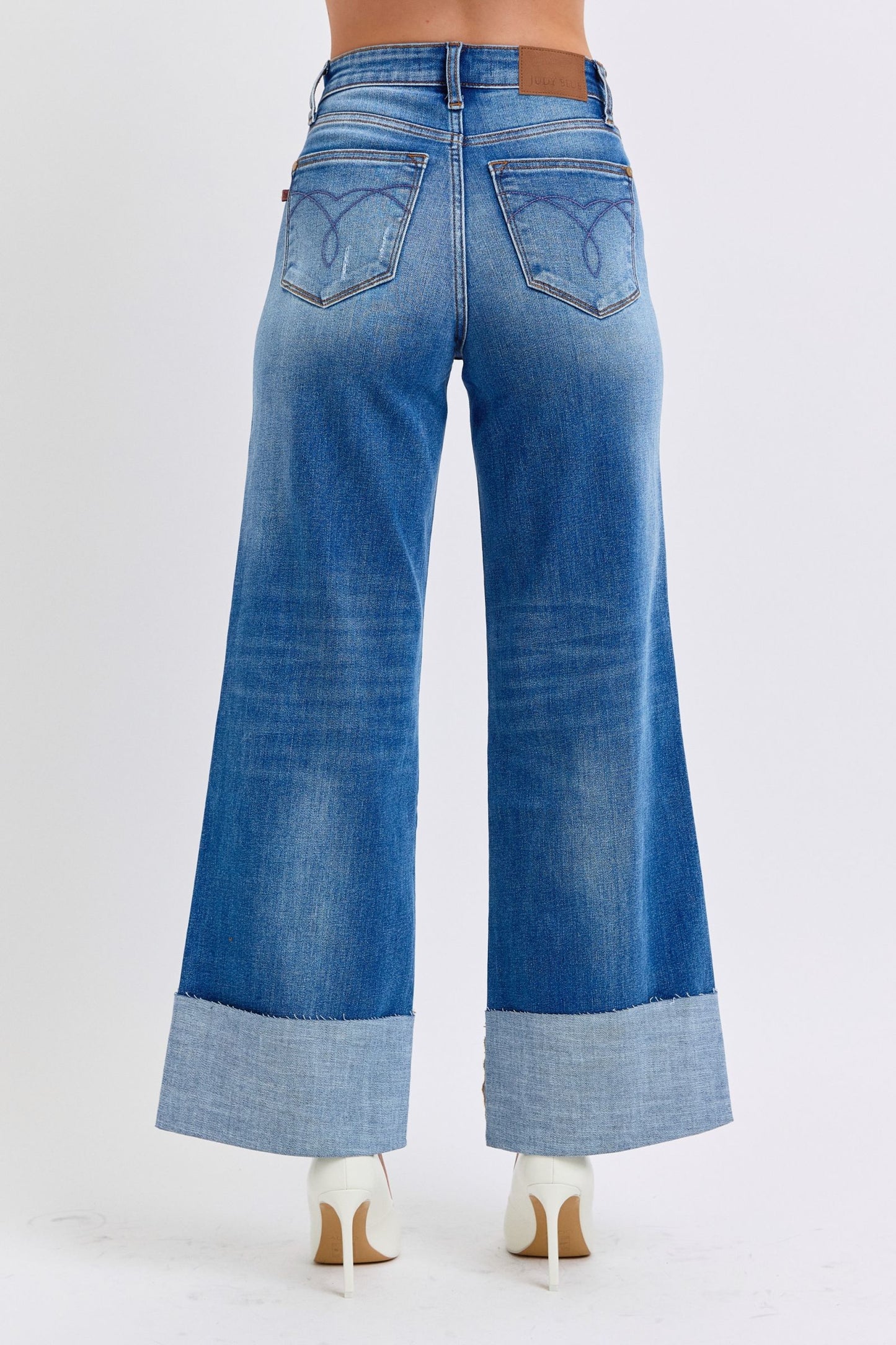 Judy Blue Distressed High Rise Cuffed Raw Hem Zip Fly Medium Wash Wide Leg Jeans