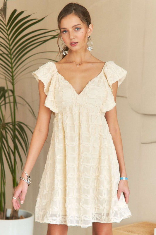 ADORA Open Tie Back Deep V-Neck Cap Ruffle Sleeves Babydoll Mini Dress | Ivory