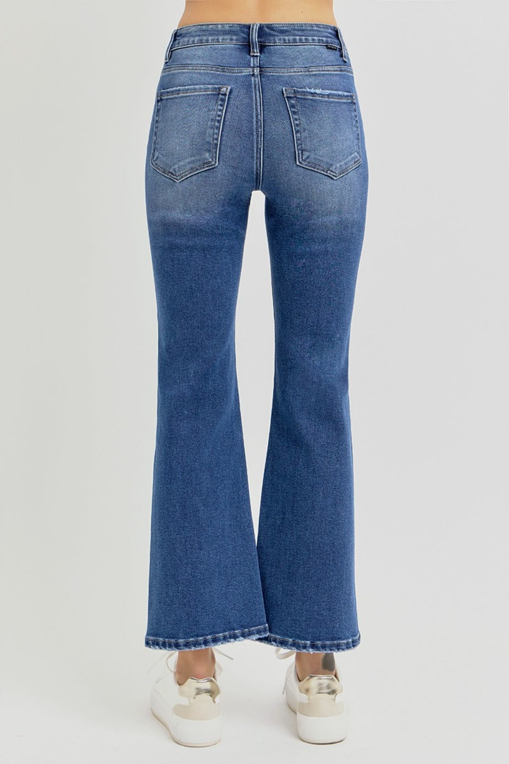 RISEN Distressed Knee High Rise Waist Dark Washed Cropped Flare Denim Jeans