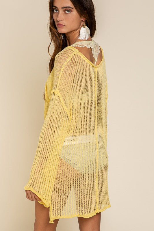 POL Loose Fit Openwork Flare Sleeves See Through Cover Up Top
