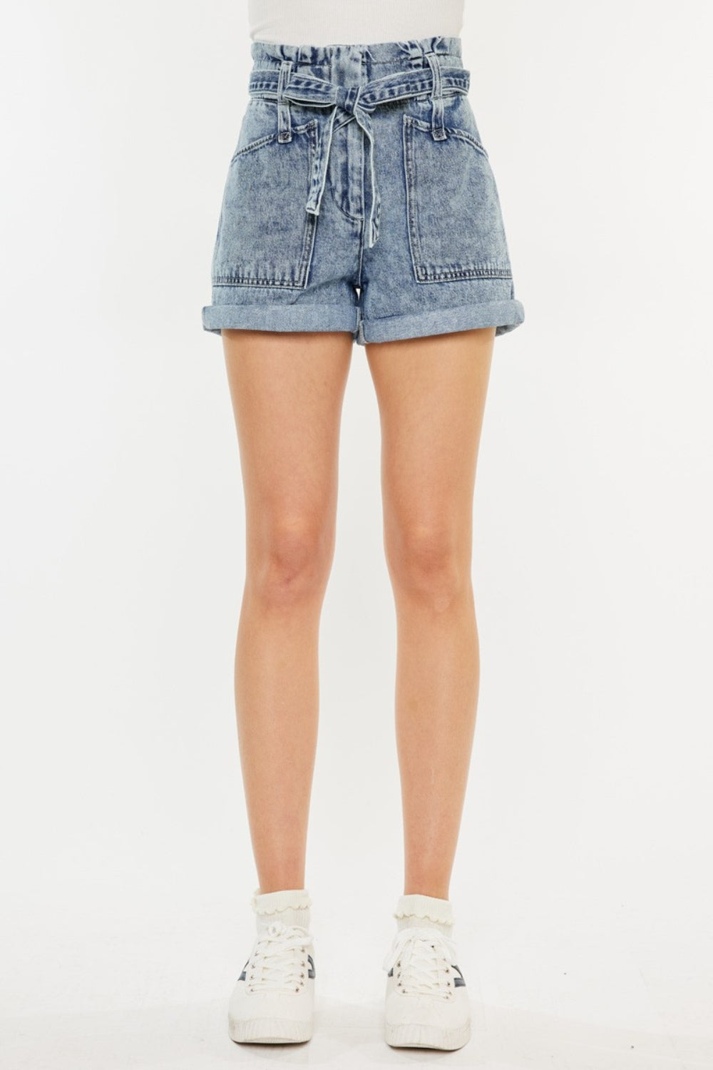 KanCan Ultra High Rise Paperbag Medium Washed Denim Shorts