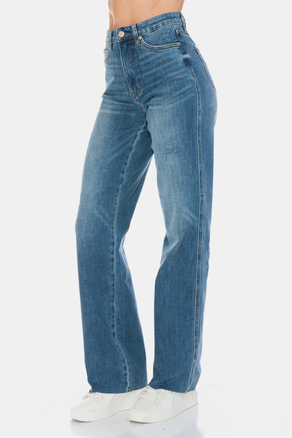 Judy Blue High Rise Tummy Control Cut Raw Hem Medium Washed Straight Denim Jeans