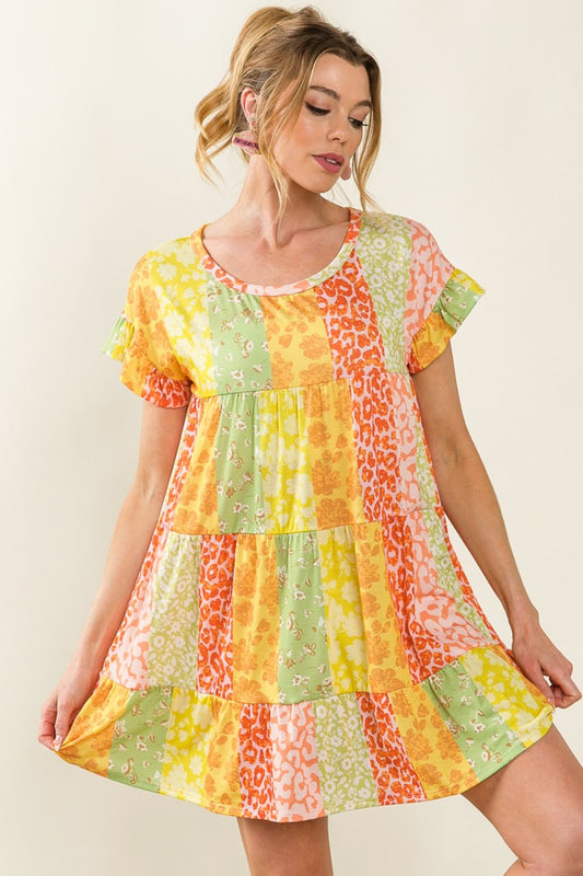 BiBi Leopard Print Short Sleeves Round Neck Tiered Mini Dress | Orange
