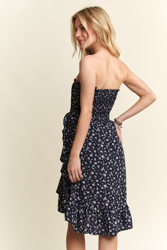 ADORA Smocked Floral Pattern Side Pockets High-Low Hem Tube Midi Dress | Navy