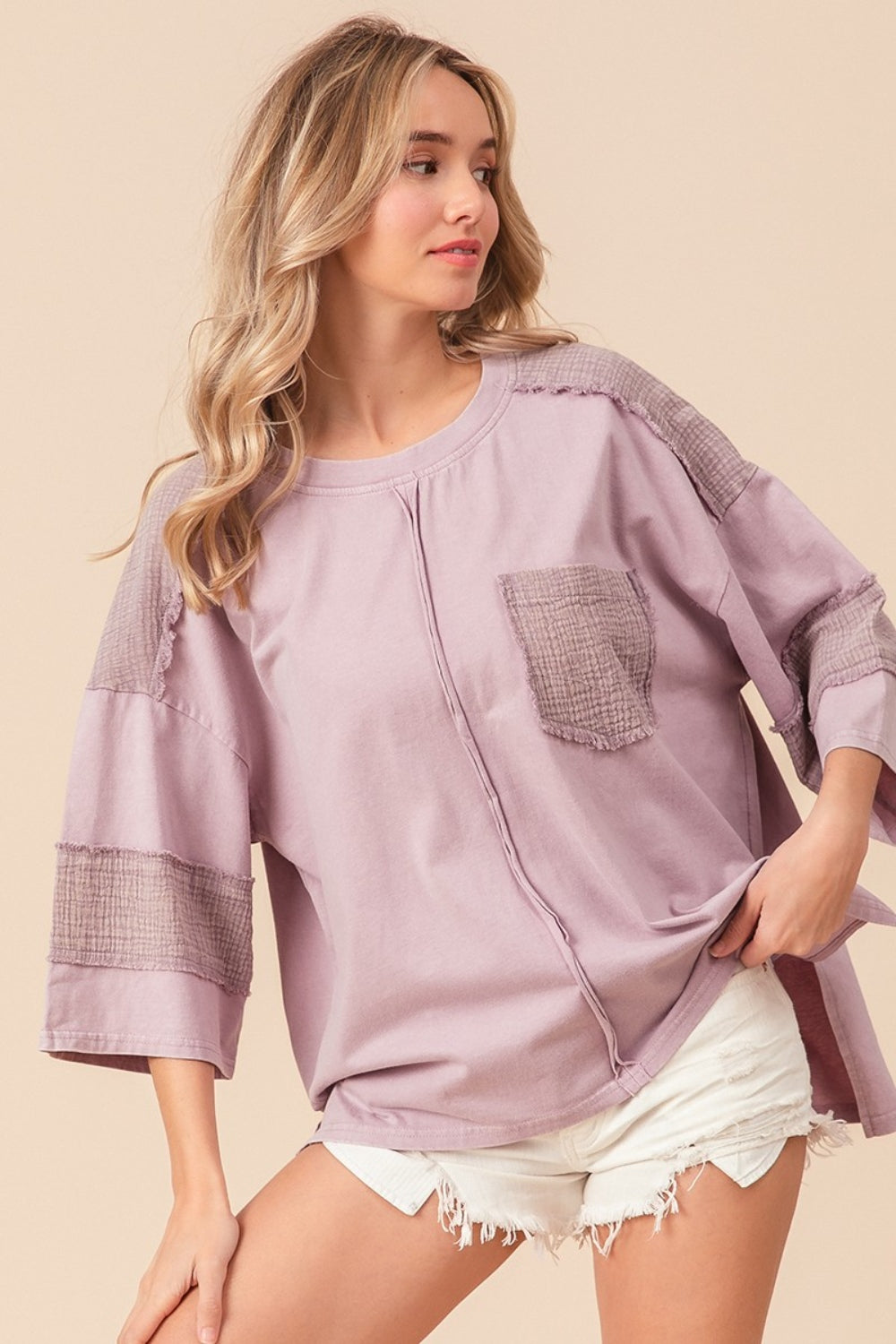 BiBi High-Low Hem Exposed Seam Long Sleeves Pocket Washed T-Shirt | Lavender