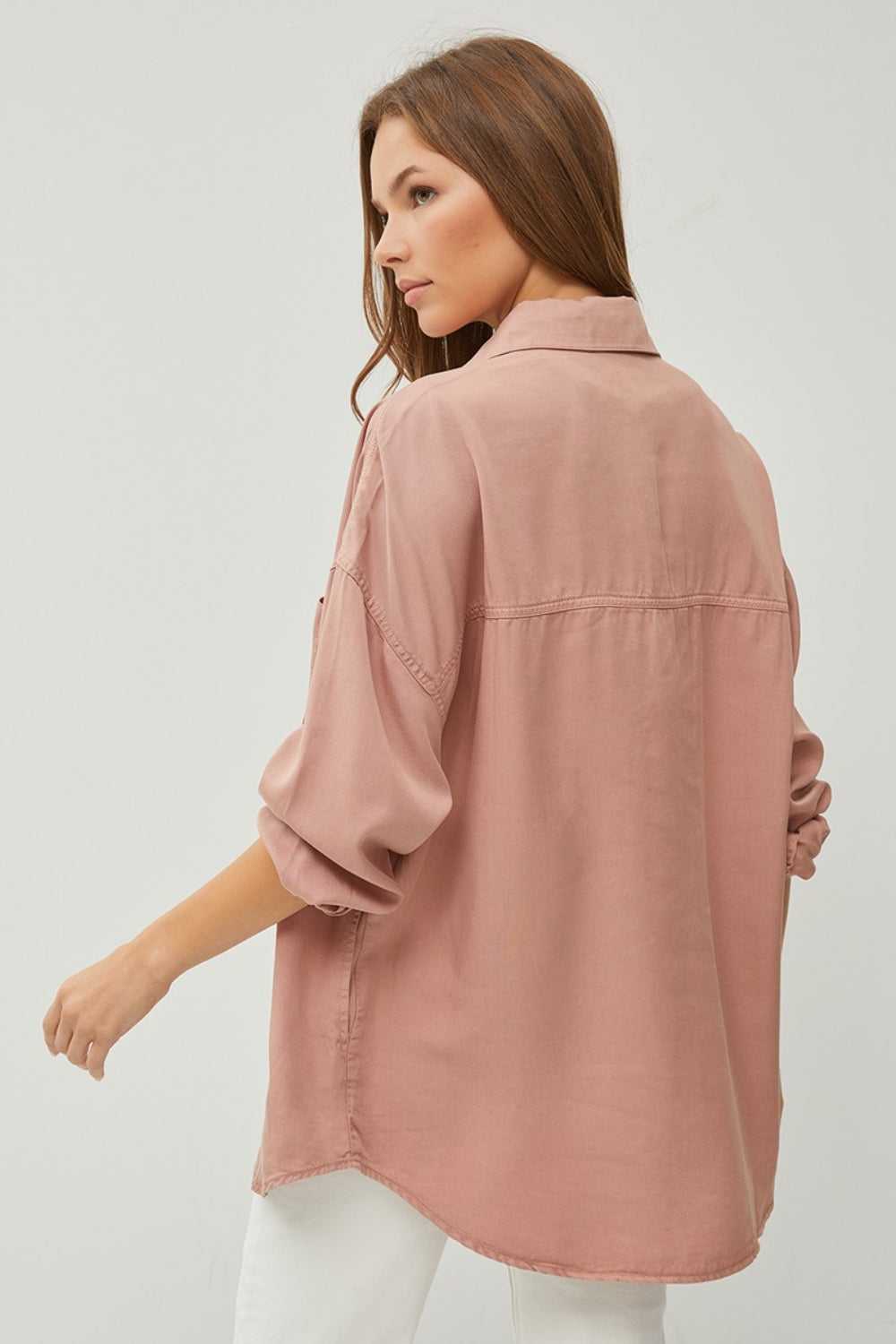 RISEN Button Up Long Sleeves Chest Pockets Relaxed Fit Denim Shirt | Mauve