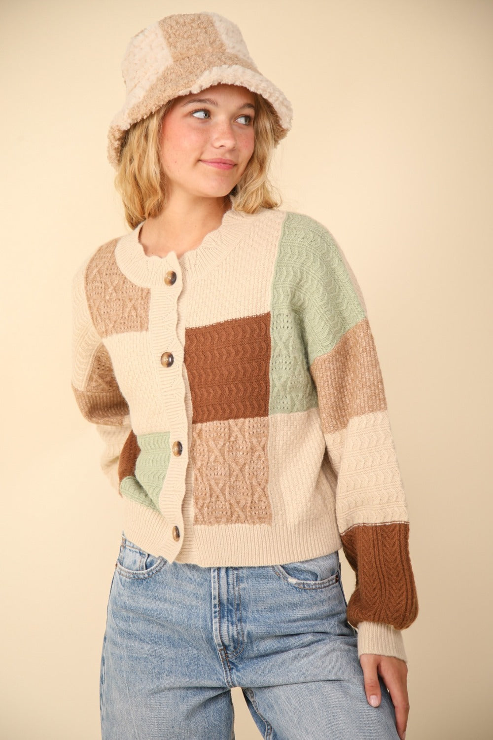 VERY J Color Block Button Down Textured Knit Cropped Sweater Cardigan | Oatmeal