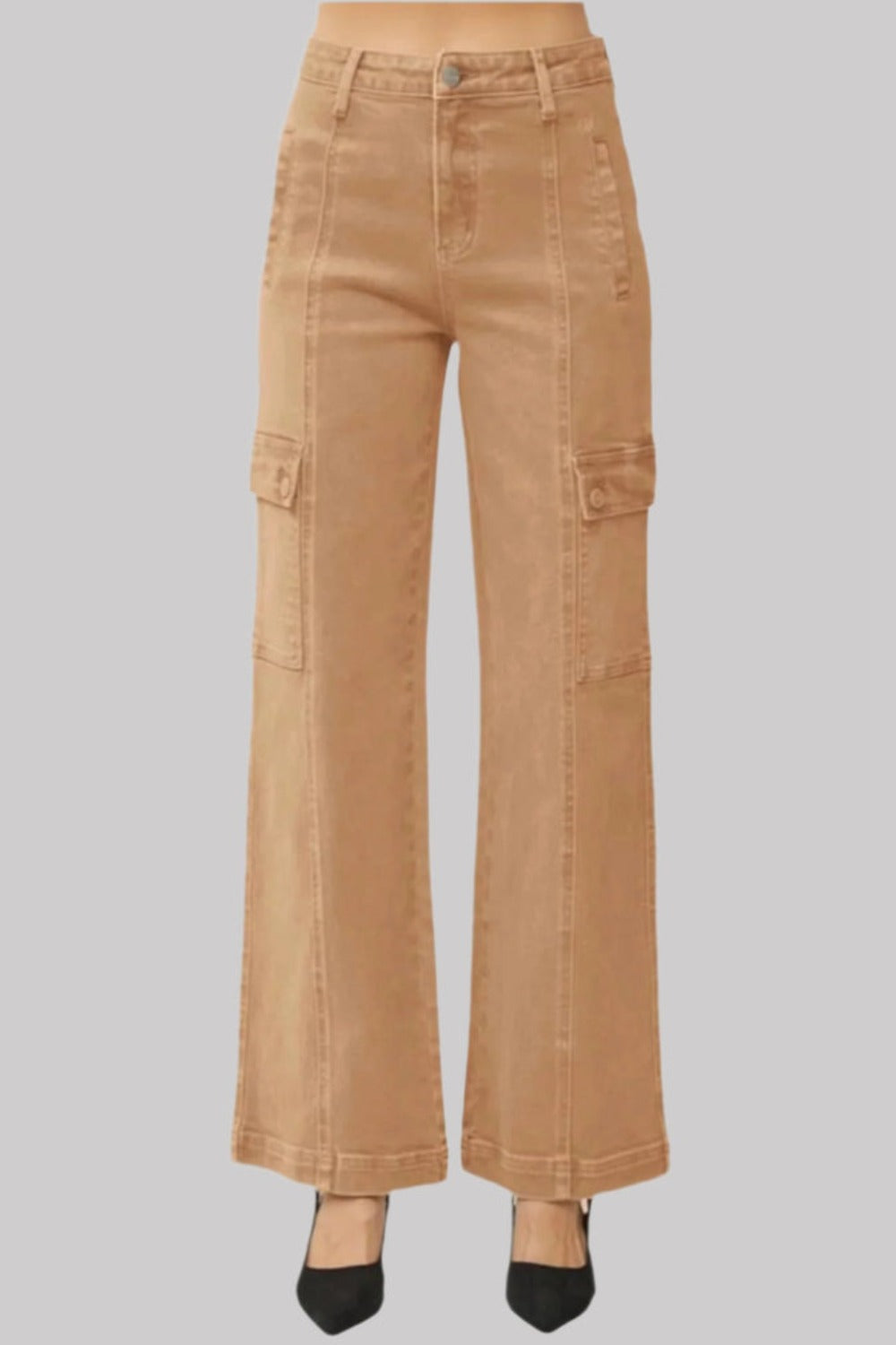 RISEN High Rise Cargo Pockets Zipper Fly Stretchy Wide Leg Denim Jeans | Cocoa