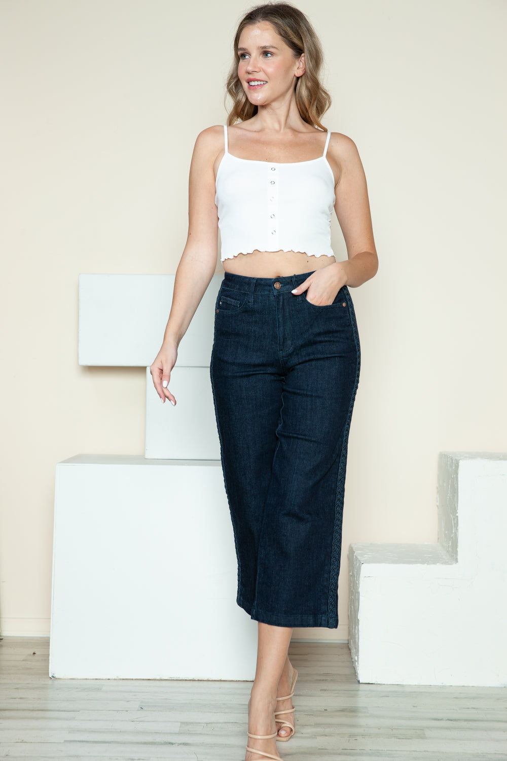 Judy Blue Side Seam Braid Detail Zip Fly Dark Wash Cropped Wide Leg Denim Jeans