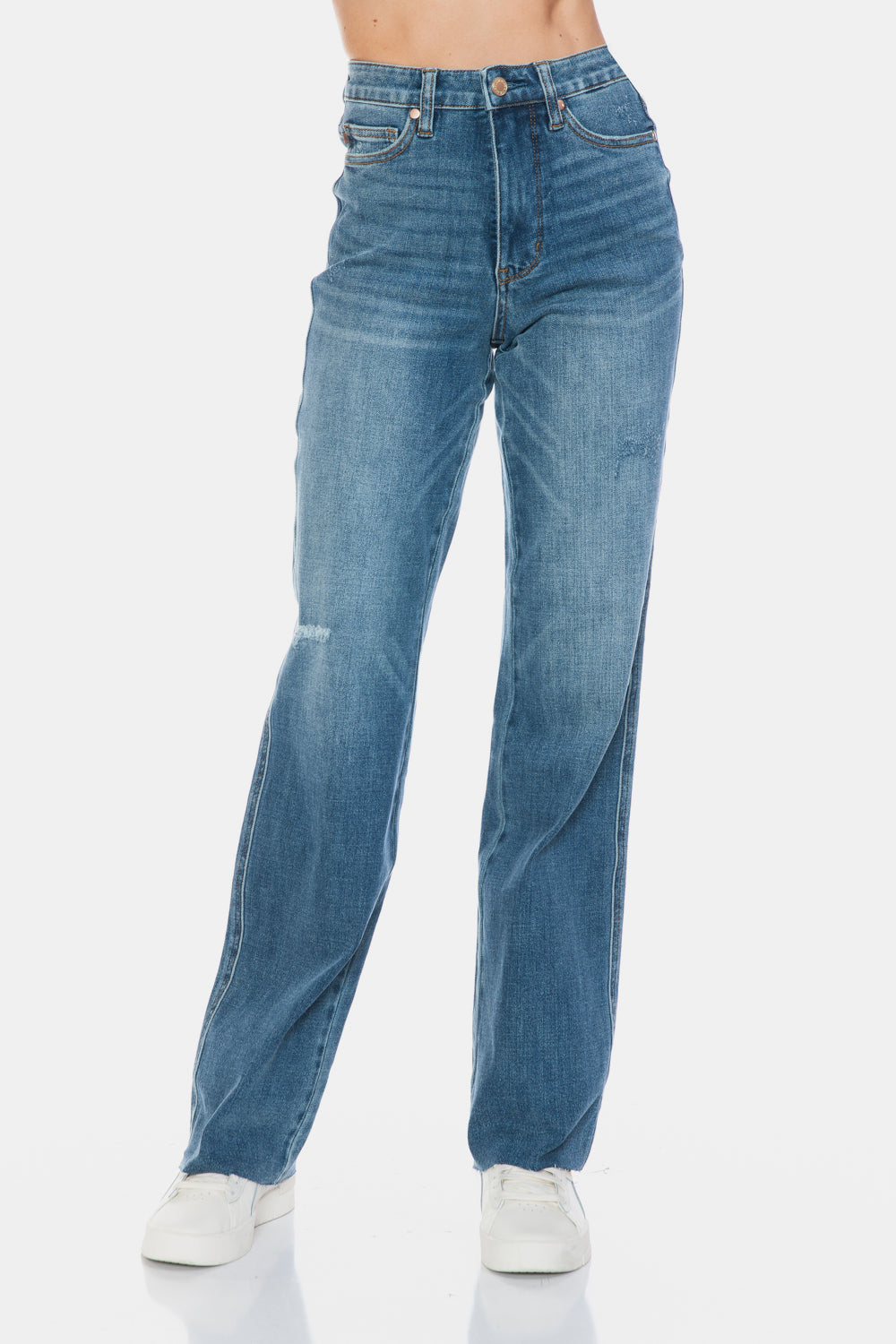 Judy Blue High Rise Tummy Control Cut Raw Hem Medium Washed Straight Denim Jeans