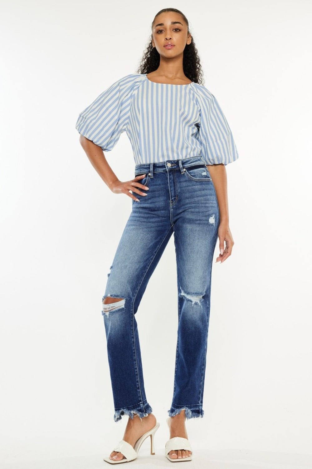KanCan High Rise Waist Distressed Frayed Hem Dark Wash Slim Straight Denim Jeans