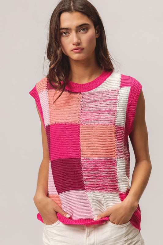 BiBi Color Block Detailing Round Neck Relaxed Fit Sweater Vest