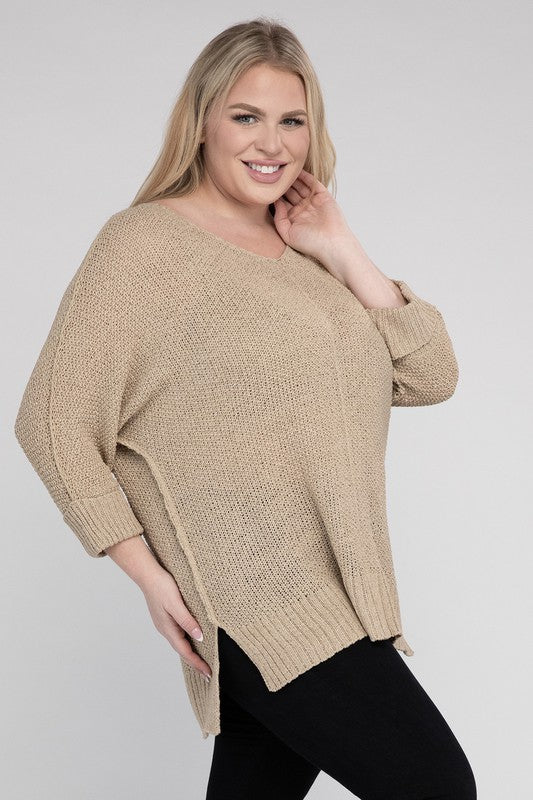 ee:some Plus Size Crew Neck Side Slits Long Sleeves Knit Sweater
