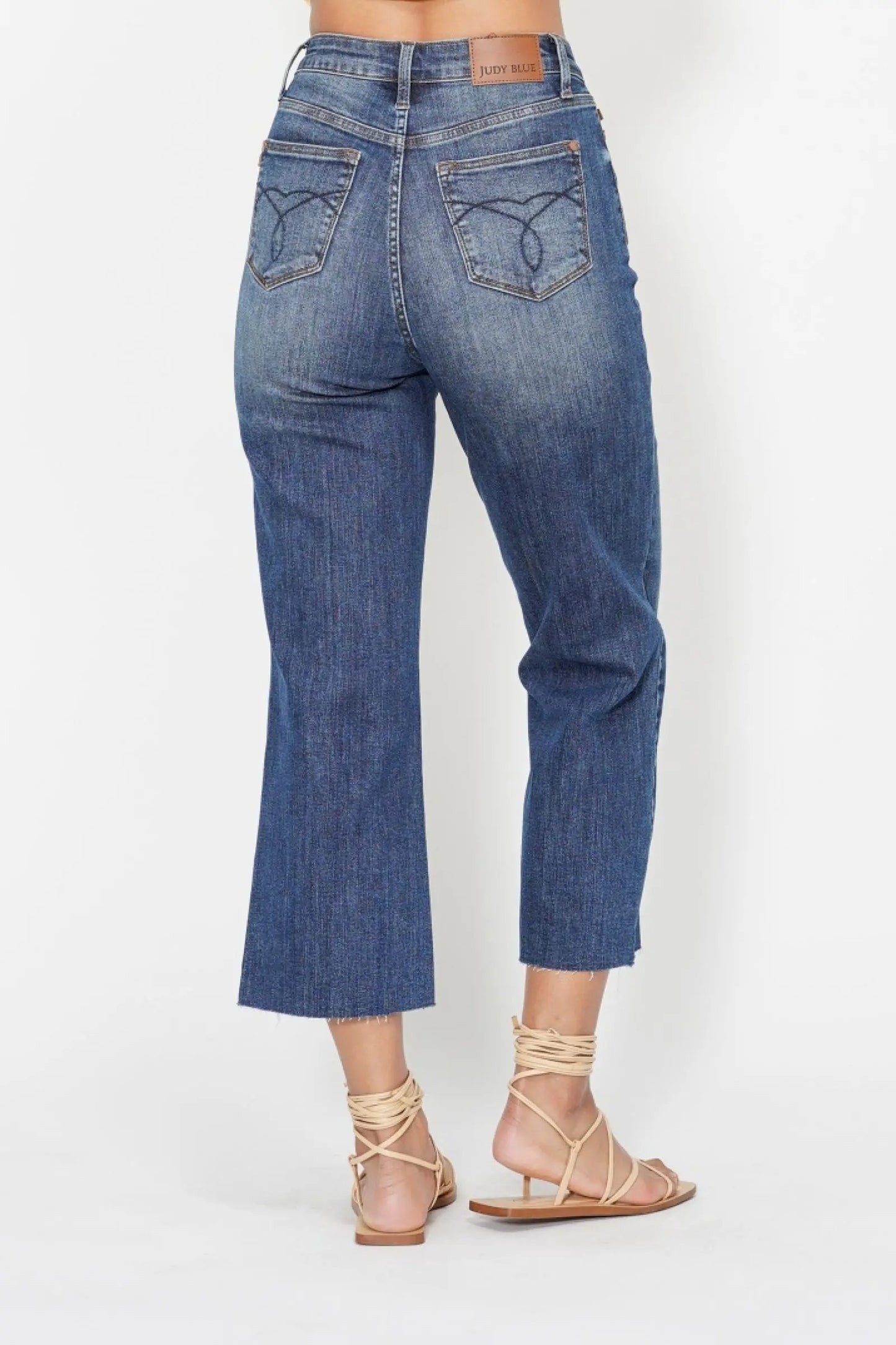Judy Blue High Waist Back Pockets Embroidery Dark Wash Cropped Wide Denim Jeans