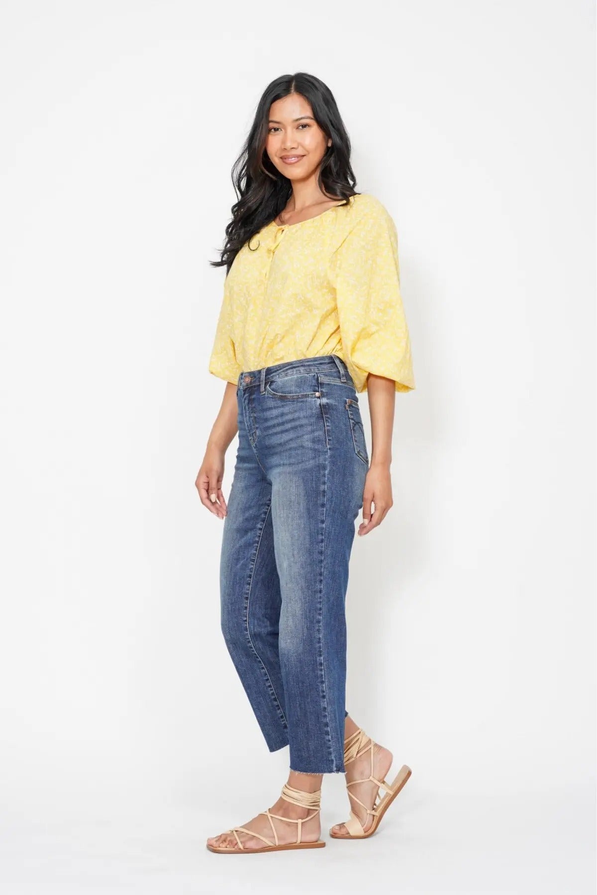 Judy Blue High Waist Back Pockets Embroidery Dark Wash Cropped Wide Denim Jeans
