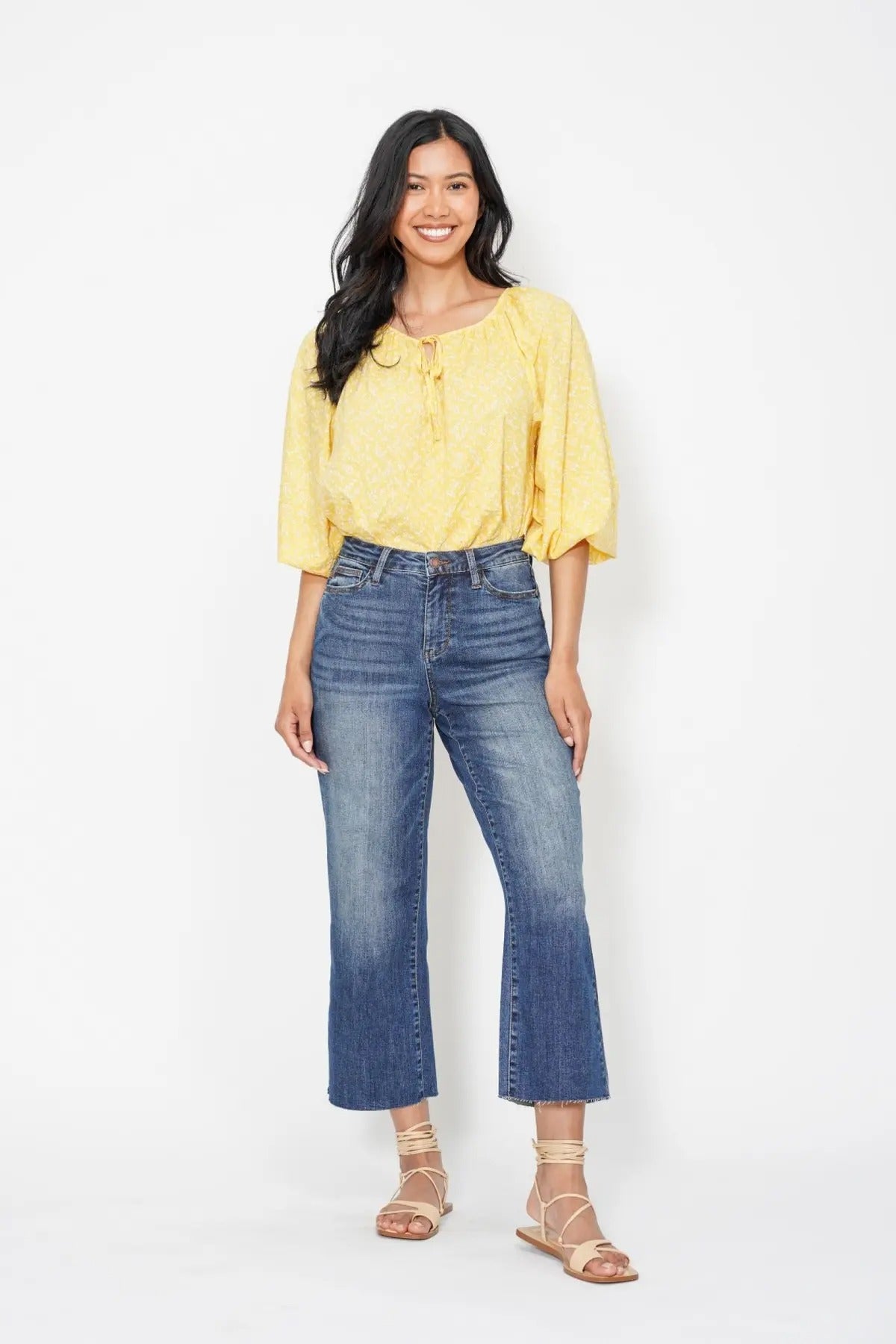 Judy Blue High Waist Back Pockets Embroidery Dark Wash Cropped Wide Denim Jeans