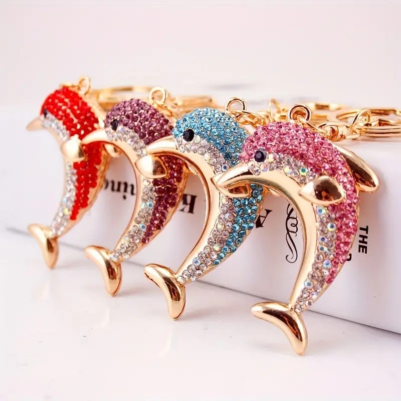 Rhinestone Dolphin Keychain Metal Key Ring, Bag Charm, Car Accessory