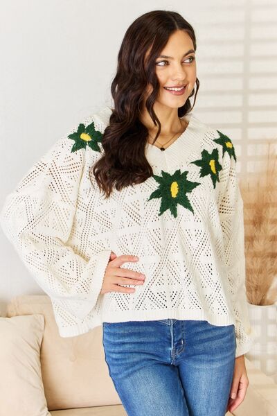 POL Floral Embroidered Pattern V-Neck Long Sleeves Pullover Sweater