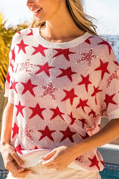 BiBi Star Pattern Round Neck Short Sleeves Knit Sweater