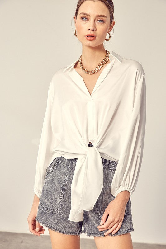 Mustard Seed Long Sleeves Front Tie Detail Cropped Blouse | Off White