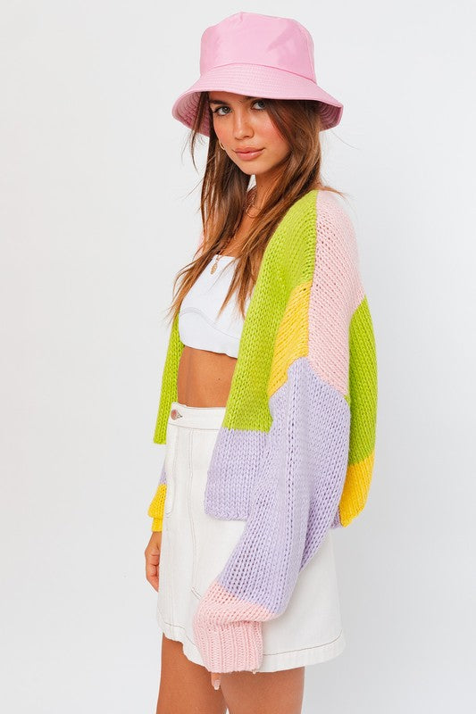LE LIS Color Block Long Sleeves Open Front Knit Cropped Cardigan
