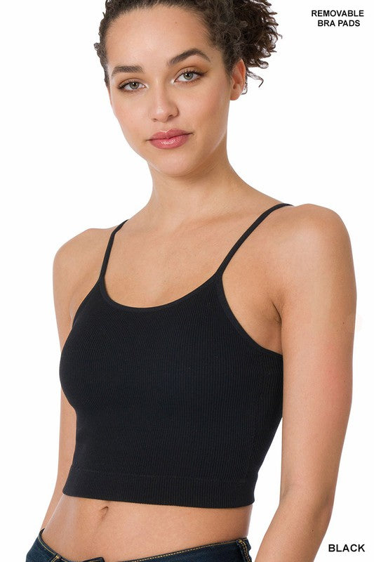 ZENANA Ribbed Knit Seamless Cropped Cami Top with Removable Bra Pads