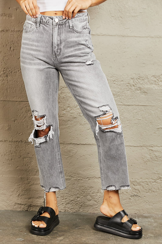 BAYEAS High Waisted Distressed Detail Cropped Straight Jeans