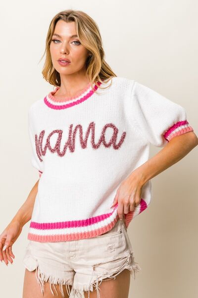BiBi MAMA Contrast Trim Short Puff Sleeves Round Neck Sweater