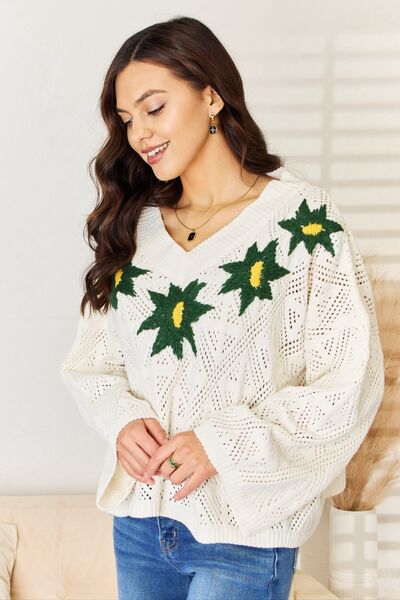 POL Floral Embroidered Pattern V-Neck Long Sleeves Pullover Sweater