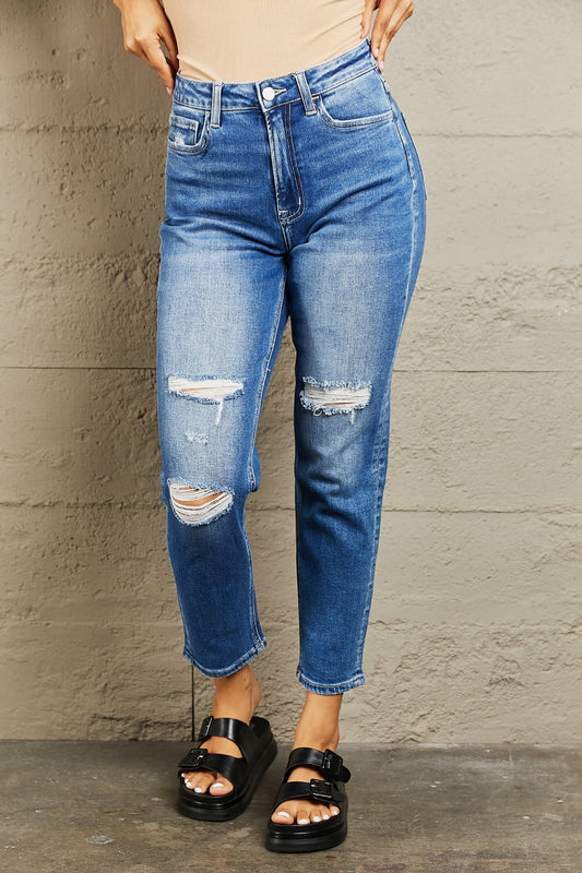 BAYEAS High Waisted Distressed Detailing Cropped Dad Jeans